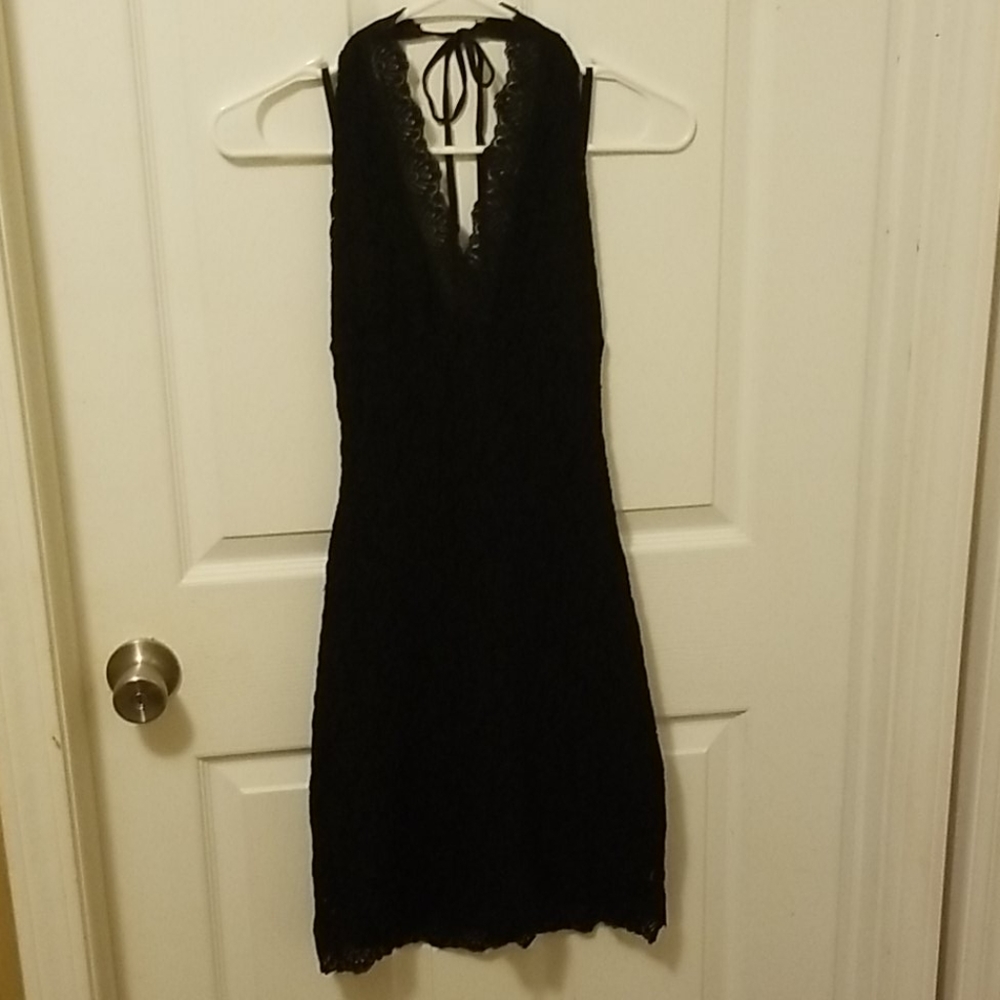 Bebe ..Black laced halter, spandex  dress.